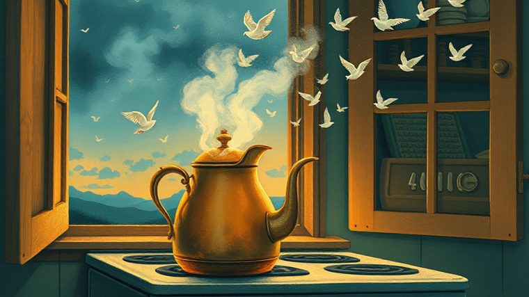 Ilustracja: czajnik, z którego para zmienia się w ptaki