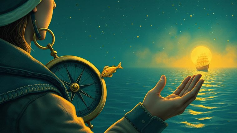 Ilustracja: kompas ze złotą rybką wskazującą kurs