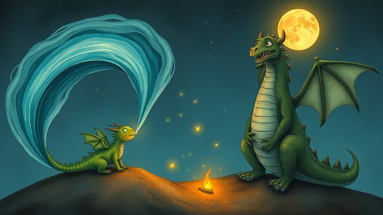Ilustracja: smok zamieniający iskry w świetliki