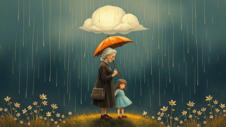 Ilustracja: babcia z dziewczynką pod parasolem i prywatną chmurą